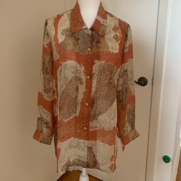 Vintage Leopard Print Sheer Button Front Top M - Picture 1 of 4
